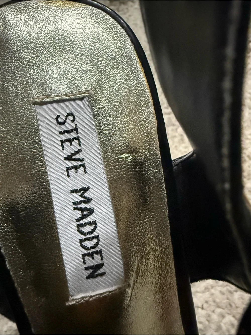 Steve Madden Black Patent Platform Slingback Sandals with Gold Accents